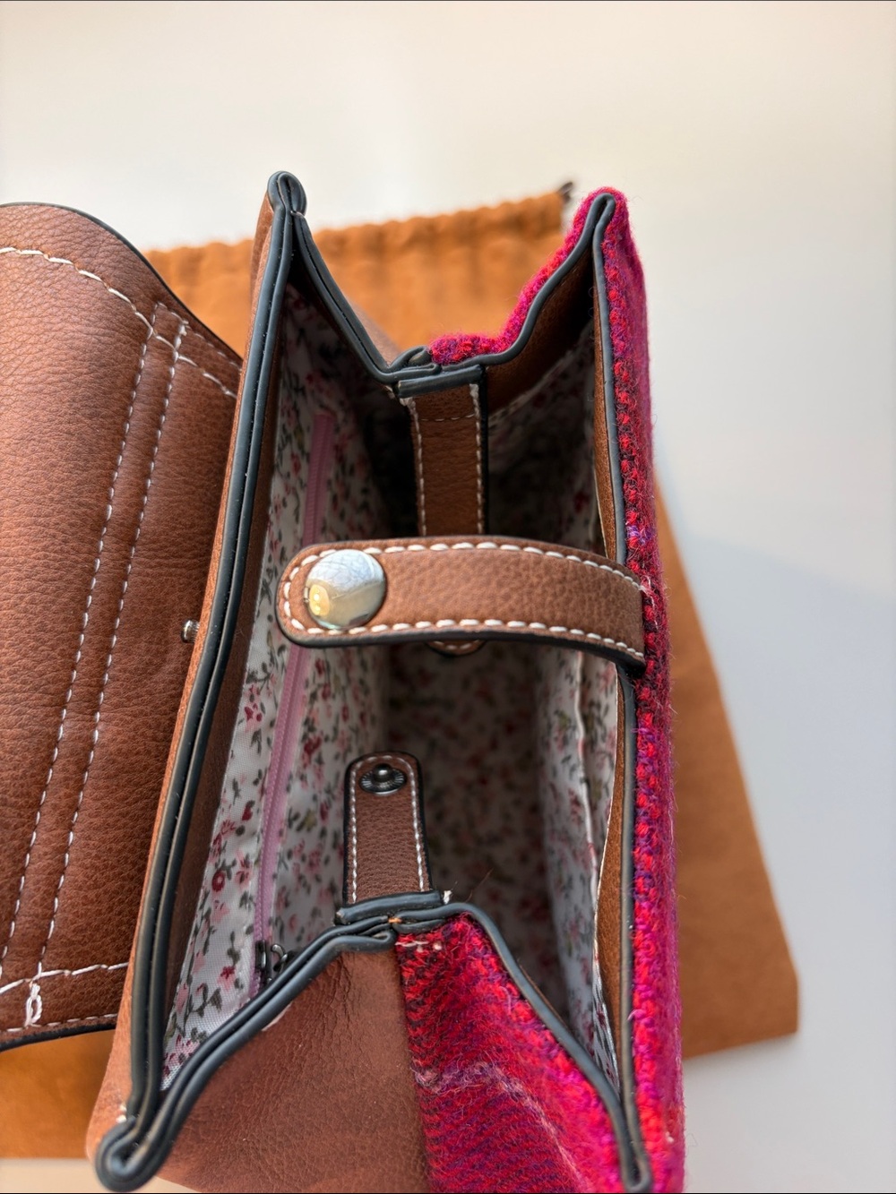 Islander Harrison Tweed Mini Jura Backpack. Brown Leather and Magenta Plaid. - Picture 9 of 10